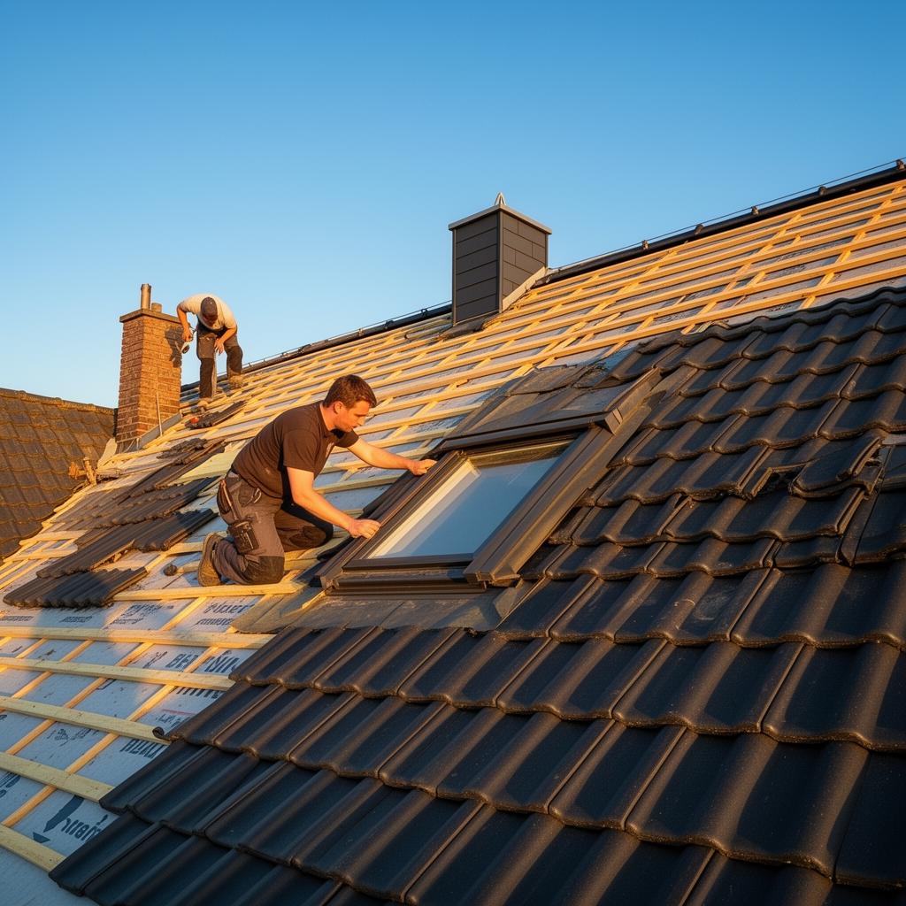 Dachdecker bei der Neueindeckung mit anthrazitfarbenen Tonziegeln